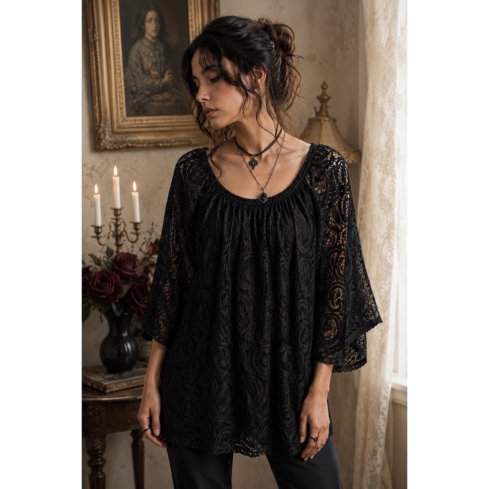 WinWin Black Full Lace‎ Tunic Bell Sleeve Gothic Boho Whimsigoth Top S-M